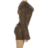 SC PU Leather Fur Patchwork Mini Dress XEF-K25D81955
