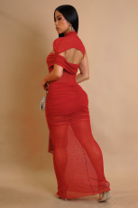 SC Hollow Out Mesh Ruched Dress 2 Piece Set GTYZ-7583