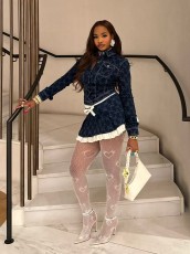 SC Bow-Print Ruffled Patchwork Denim Skirt Suit GMYU-6670