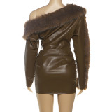 SC PU Leather Fur Patchwork Mini Dress XEF-K25D81955