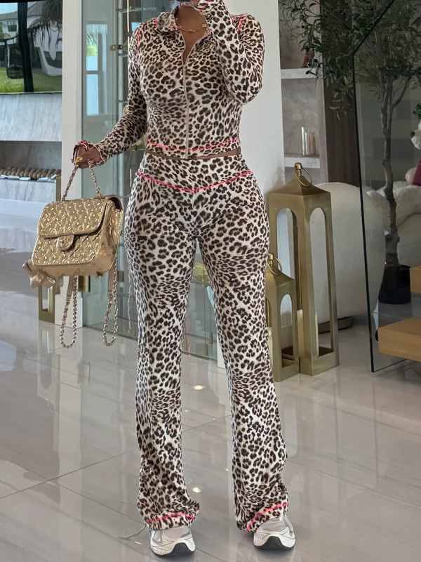 SC Leopard Print Hooded Pants Suit YH-5364