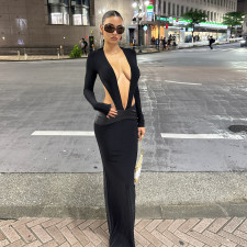 SC Deep V Neck Hollow Out Maxi Dress XEF-K25D83857