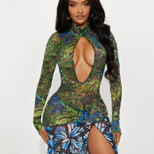 SC Print Mesh Patchwork Maxi Dress GZJQ-K25D82065