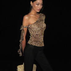 SC Leopard Print Slash Shoulder Tops GZJQ-K25L83808