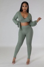 SC Solid Color Tie Up Two Piece Pants Suit XHXF-8729