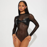 SC Solid Color Sexy Mesh PU Leather Long Sleeve Bodysuit GSBD-J25BS353