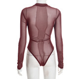 SC Solid Color Sexy Mesh PU Leather Long Sleeve Bodysuit GSBD-J25BS353