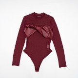 SC Solid Color Sexy Mesh PU Leather Long Sleeve Bodysuit GSBD-J25BS353