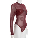 SC Solid Color Sexy Mesh PU Leather Long Sleeve Bodysuit GSBD-J25BS353