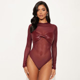 SC Solid Color Sexy Mesh PU Leather Long Sleeve Bodysuit GSBD-J25BS353