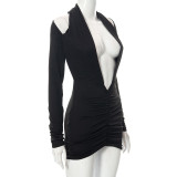 SC Solid Color Long Sleeve V-neck Mini Dress GSBD-C21DS456