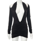 SC Solid Color Long Sleeve V-neck Mini Dress GSBD-C21DS456