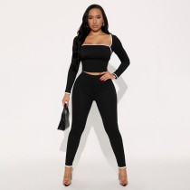 SC Square Neck Long Sleeve Top High-waisted Pants Two Piece Sets GSBD-Q25ST294