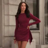 SC Solid Color Ruched Mini Dress GSZM-D25DS500