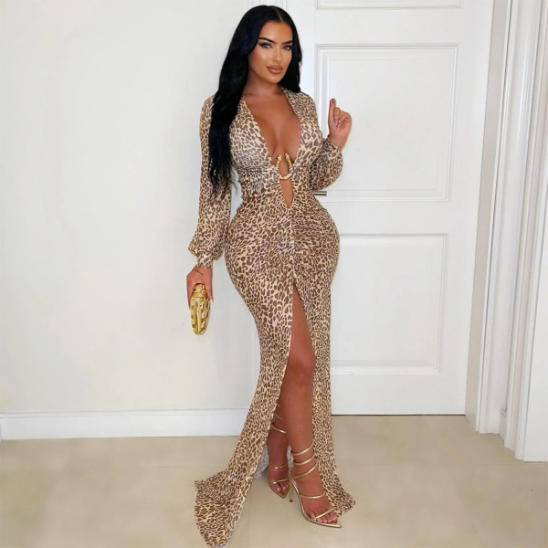 SC Deep V Neck Leopard Print Maxi Dress BY-7571