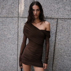 SC Slash Neck Mesh Ruched Mini Dress GAXB-D456DS