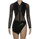 SC See Through Mesh Leather Patchwork Bodysuit Skirt Suit GZJQ-K25S85634