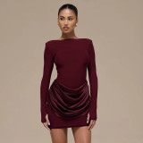 SC Solid-Color Long-Sleeve Gathered Mini Dress GSZM-C25DS334