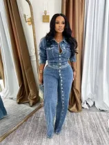 SC Single Breasted Washed Denim Two Piece Pant Set TK-6348