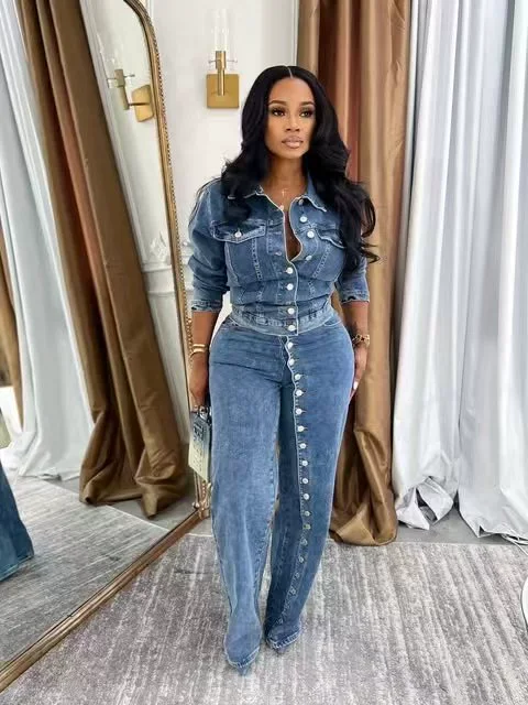 SC Single Breasted Washed Denim Two Piece Pant Set TK-6348