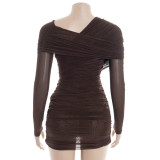 SC Slash Neck Mesh Ruched Mini Dress GAXB-D456DS