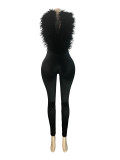 SC Feather Patchwork Deep V Neck Jumpsuit CH-25058