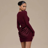 SC Solid-Color Long-Sleeve Gathered Mini Dress GSZM-C25DS334