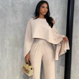 SC Irregular Slash Shoulder Tops Two Piece Pants Set GQZF-SH6585