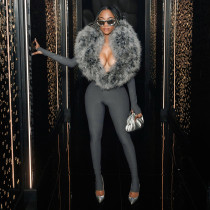 SC Deep V Neck Furrzy Neck Jumpsuit MXBF-Q25JP303