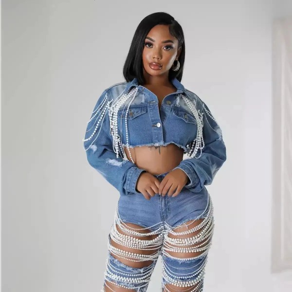 SC Fashion Pearl Chain Denim Jacket ORY-5277