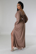 SC Deep V Neck Tie Up Split Maxi Dress XHXF-473