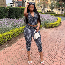 SC Polka Dot Print Halterneck Tops Tight Pants Suit GJYO-JS919136