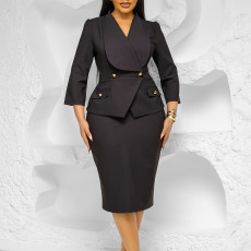 SC Plus Size Solid Color 3/4 Sleeve Midi Dress GATE-604