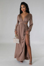 SC Deep V Neck Tie Up Split Maxi Dress XHXF-473