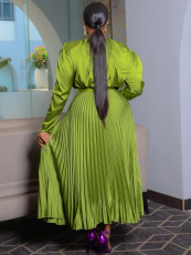 SC Plus Size Solid Color Tie Up Press Pleated Maxi Dress NNWF-8115