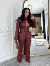SC Casual PU Leather Two Piece Pant Set MEM-88674