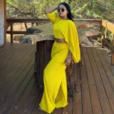 SC Irregular Slash Shoulder Tops Two Piece Pants Set GQZF-SH6585