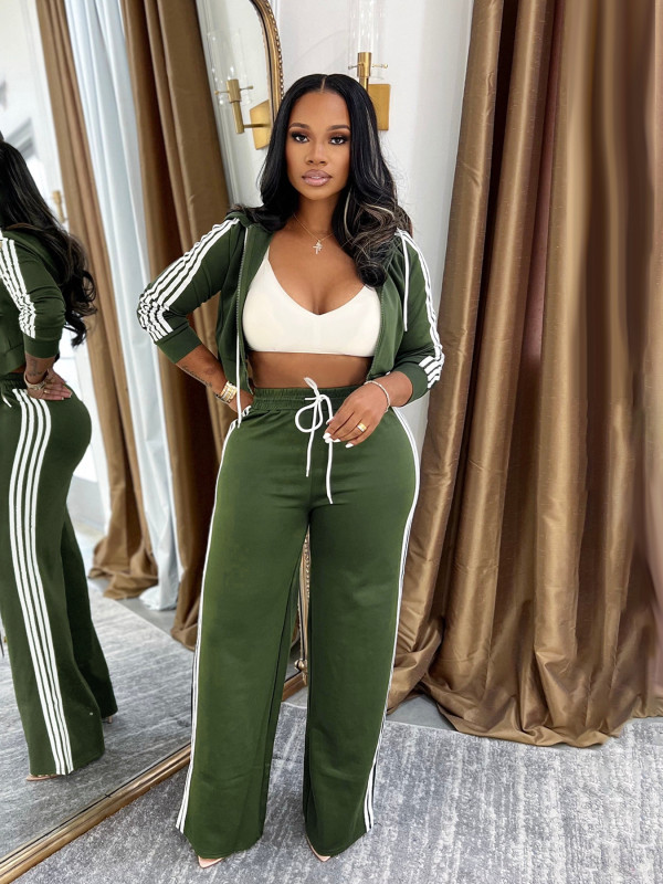 SC Stripe Hooded Coat Two Piece Pants Set SFY-802