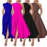 SC Plus Size Solid Color Slash Neck Long Dress NNWF-6105
