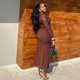 SC Solid Color Ruched Long Sleeve Maxi Dress GJYO-JD303290