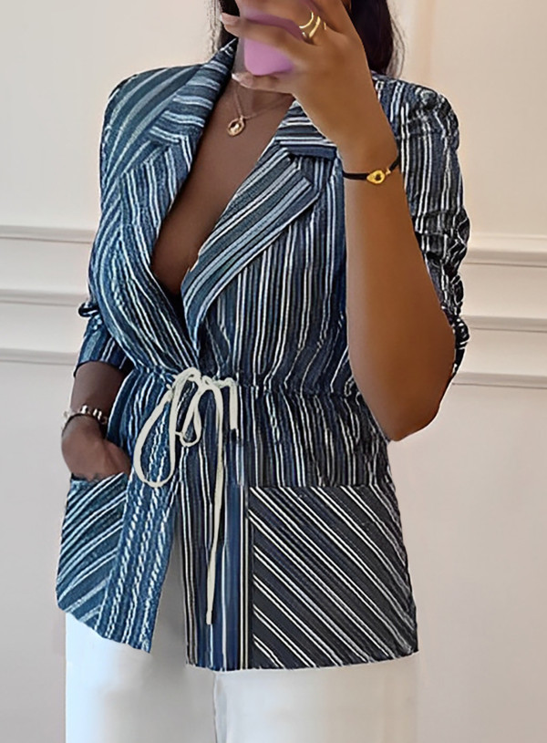 SC Stripe Print Tie Up Blazer Coat OMY-12008