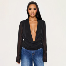 SC Deep V-Neck Chiffon Mesh Long-Sleeve Blouse MXBF-J25TP327