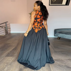 SC Sleeveless Print Color Block Pleated Maxi Dress GANY-LB1225