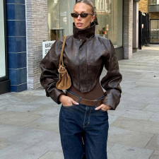 SC High-Neck Solid Color Short Zipper PU Leather Jacket XEF-K25C84468