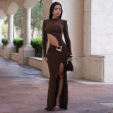 SC Sexy Long Sleeve Hollow Out Split Maxi Dress YF-10947
