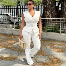 SC V Neck Sleeveless Vest Solid Color 2 Piece Pants Set GANY-LB1441