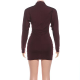 SC Solid Color Long Sleeve Ruched Mini Dress DLSF-K25D85398