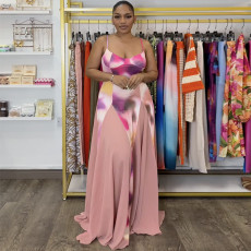 SC V Neck Sling Print Backless Maxi Dress GANY-LB1193