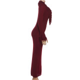 SC Deep V Neck Solid Color Knits Long Dress DLSF-W25D84208