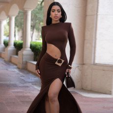 SC Sexy Long Sleeve Hollow Out Split Maxi Dress YF-10947